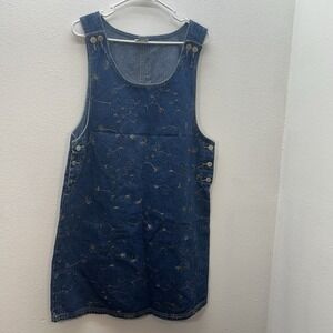 VTG 90s Denim Jumper Dress L Embroidered Floral Farm Chore Cottagecore Western